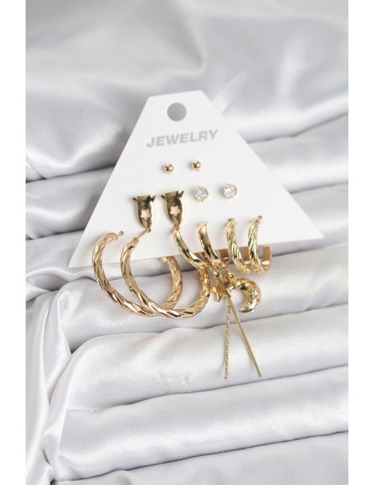 Gold Renk Pirinç 6'lı Kadın Küpe Seti - TJ-BKP11322