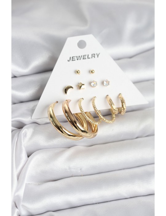 Gold Renk 6 Çiftli Pirinç Kadın Küpe Seti - TJ-BKP11323