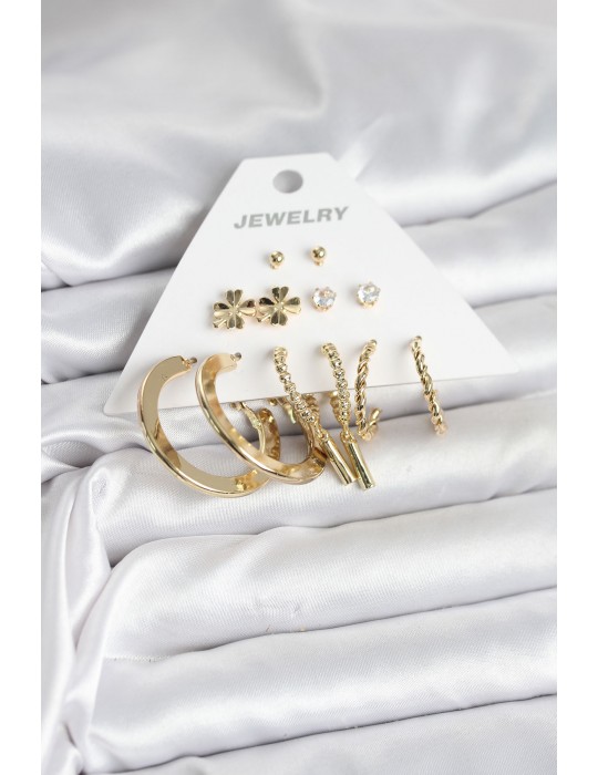 Pirinç Gold Renk 6 Çift Kadın Küpe Seti - TJ-BKP11325