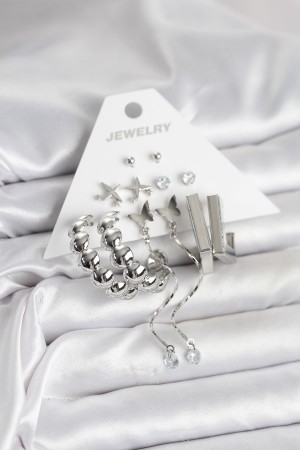 Gümüş Renk Pirinç 6'lı Kadın Küpe Seti - TJ-BKP11330