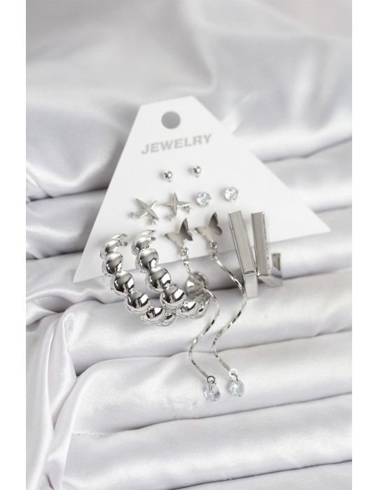 Gümüş Renk Pirinç 6'lı Kadın Küpe Seti - TJ-BKP11330