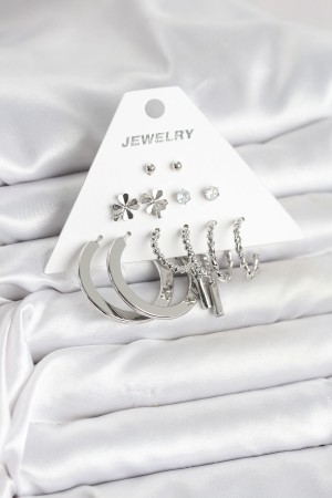 Pirinç Gümüş Renk 6 Çift Kadın Küpe Seti - TJ-BKP11332 Pirinç Gümüş Renk 6 Çift Kadın Küpe Seti - TJ-BKP11332