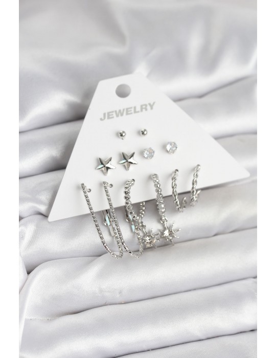 Pirinç Gümüş Renk Küpe Seti 6'lı - TJ-BKP11334