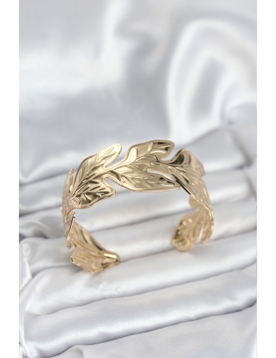 Gold Renk Pirinç Levha Yaprak Model Kadın Bileklik - TJ-BB8052