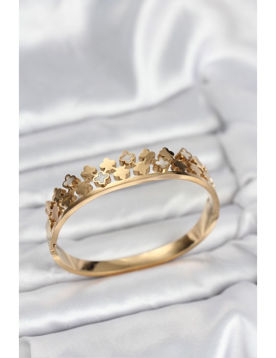 316L Çelik Gold Renk Minimal Yoncalı Kadın Kelepçe Bileklik - TJ-BB8072