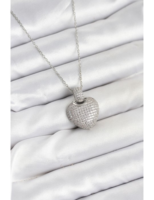 316L Çelik Zincir Gümüş Renk Zirkon Taşlı Kalpli Kadın Kolye - TJ-BKO10606