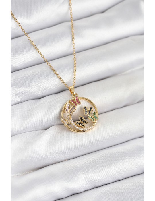 316L Çelik Zincir Gold Renk Zirkon Taşlı Kelebekli Kadın Kolye - TJ-BKO10609