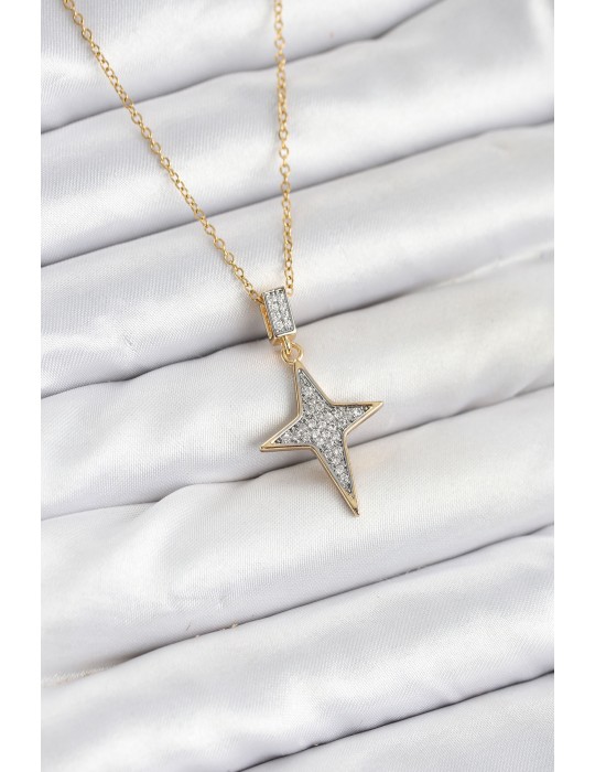 316L Çelik Zincir Gold Renk Kutup Yıldızı Model Zirkon Taşlı Kadın Kolye - TJ-BKO10610