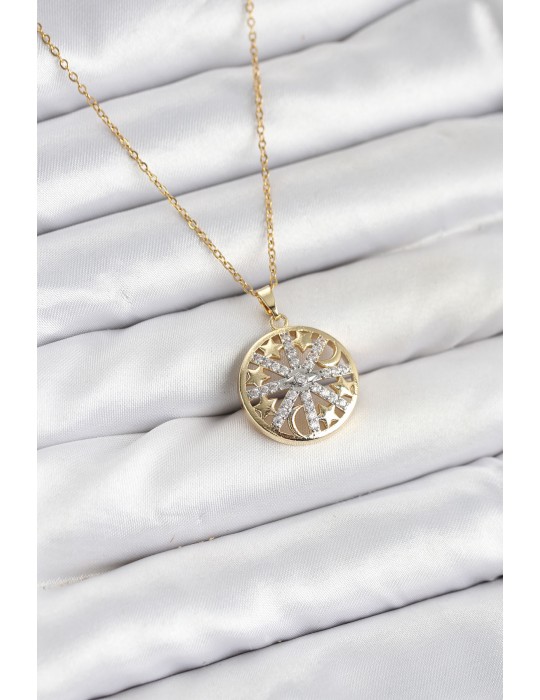 316L Çelik Zincir Gold Renk Zirkon Taşlı Kadın Kolye - TJ-BKO10611