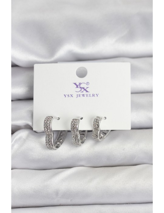 Gümüş Renk Pirinç Zirkon Taşlı Kalpli Kadın Küpe - TJ-BKP11345