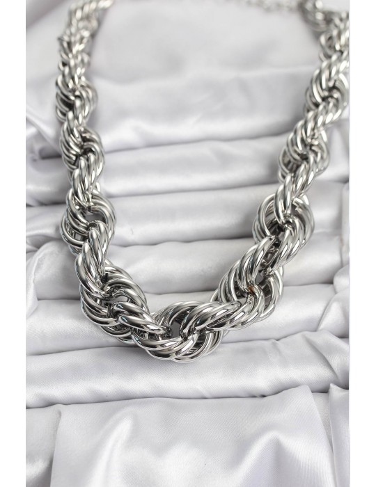 Pirinç Gümüş Renk Sarmal Halat Model Kadın Kolye - TJ-BKO10635