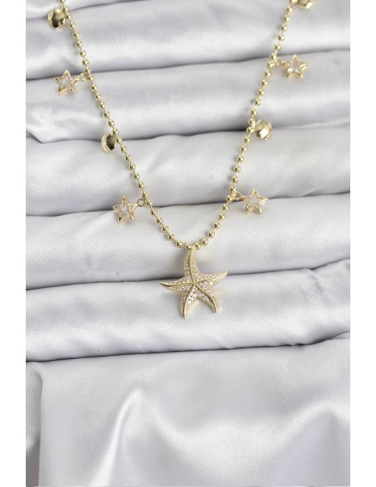 Pirinç Gold Renk Zirkon Taşlı Deniz Yıldızı Model Kadın Kolye - TJ-BKO10644