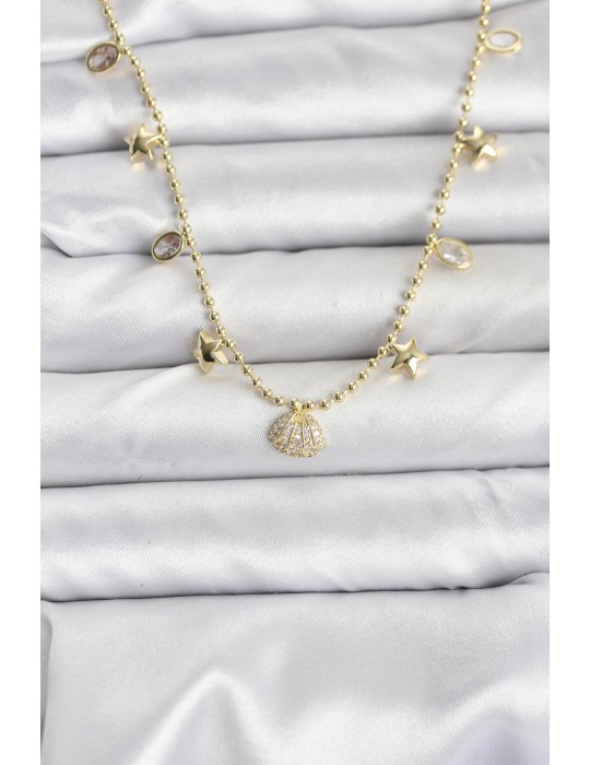 Pirinç Gold Renk Zirkon Taşlı Deniz Kabuğu Model Kadın Kolye - TJ-BKO10646