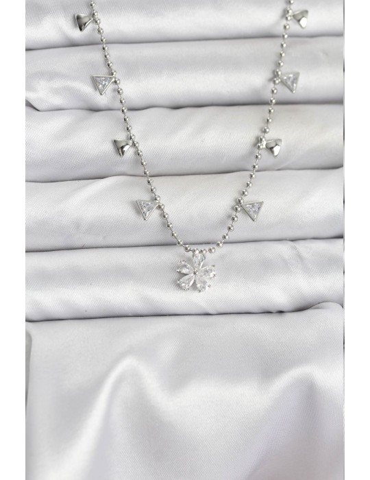 Pirinç Gümüş Renk Zirkon Taşlı Çiçek Model Kadın Kolye - TJ-BKO10652