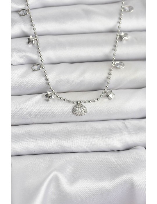 Pirinç Gümüş Renk Zirkon Taşlı Deniz Kabuğu Model Kadın Kolye - TJ-BKO10656