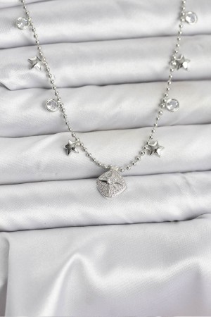 Pirinç Gümüş Renk Zirkon Taşlı Kutup Yıldızı Model Kadın Kolye - TJ-BKO10657