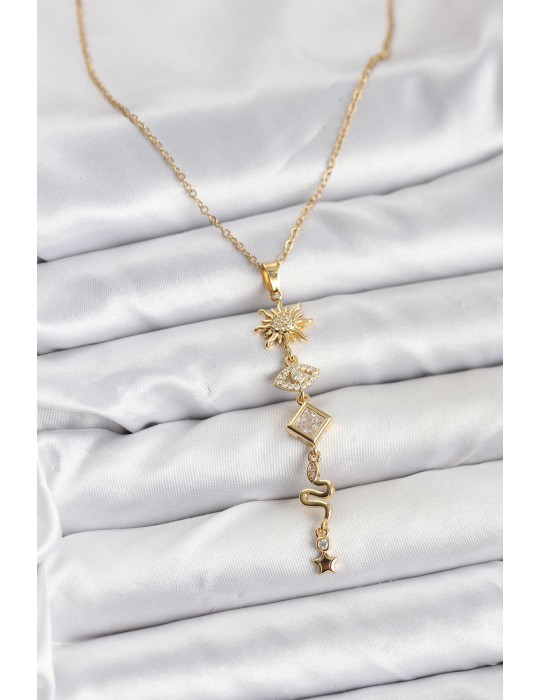 316L Çelik Zincir Gold Renk Güneş ve Enerji Model Kadın Y Kolye - TJ-BKO10668
