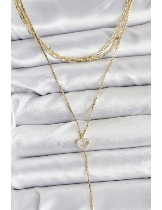 Pirinç Gold Renk Kalp Detaylı 3'lü Kombin Y Kadın Kolye - TJ-BKO10690