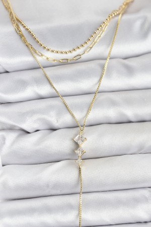 Pirinç Gold Renk Zirkon Taş Detaylı 3'lü Kombin Y Kadın Kolye - TJ-BKO10691