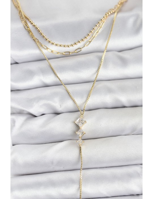 Pirinç Gold Renk Zirkon Taş Detaylı 3'lü Kombin Y Kadın Kolye - TJ-BKO10691