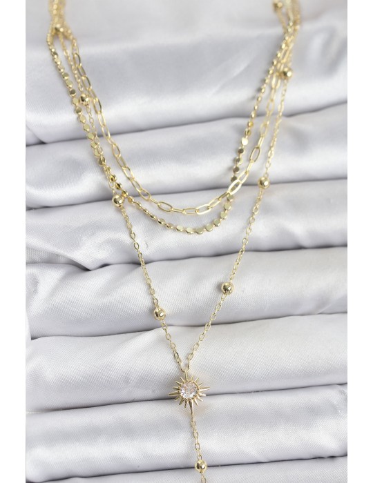 Pirinç Gold Renk Güneş Model Detaylı 3'lü Kombin Y Kadın Kolye - TJ-BKO10692