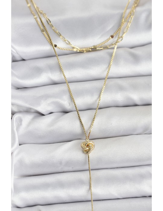 Pirinç Gold Renk Düğüm Model Detaylı 3'lü Kombin Y Kadın Kolye - TJ-BKO10693