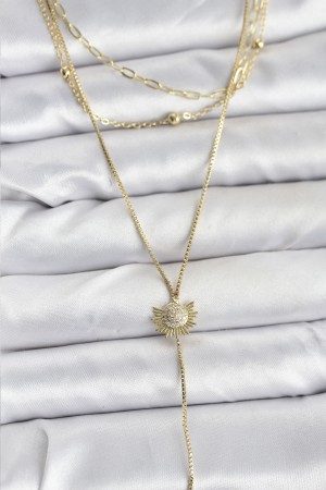 Pirinç Gold Renk Zirkon Taşlı Güneş Model Detaylı 3'lü Kombin Y Kadın Kolye - TJ-BKO10698