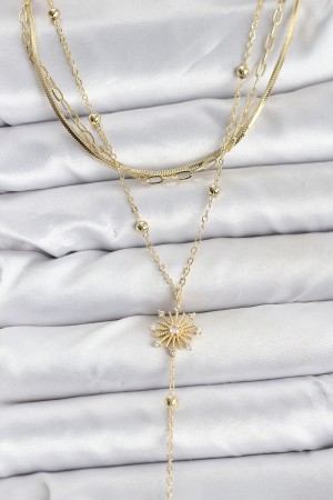 Pirinç Gold Renk Zirkon Taşlı Model Detaylı 3'lü Kombin Y Kadın Kolye - TJ-BKO10700