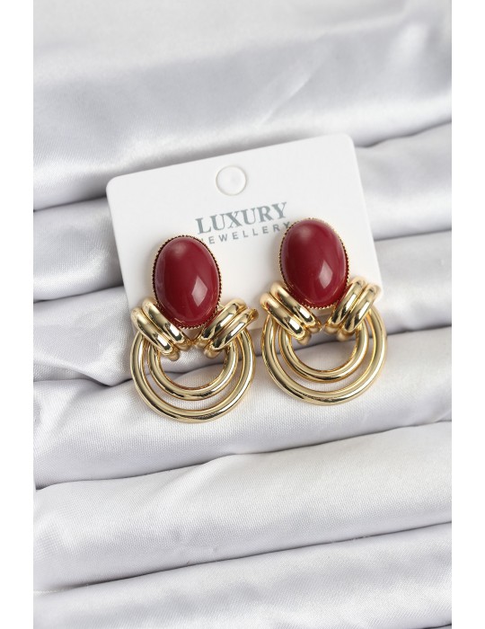 Pirinç Gold Renk Bordo Taşlı Vintage Kadın Küpe - TJ-BKP11356