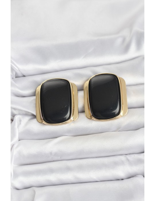 Pirinç Gold Renk Siyah Plaka Vintage Kadın Küpe - TJ-BKP11360