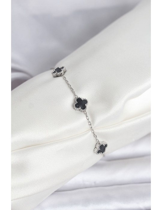 316L Çelik Gümüş Renk Siyah Baby Boy Yonca Bileklik - TJ-BB8084