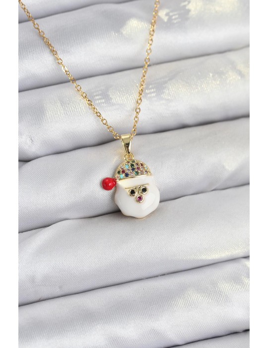 316L Çelik Zincir Gold Renk Şapkalı Kardan Adam Kafası Model Yılbaşı Temalı Kadın Kolye - TJ-BKO10703