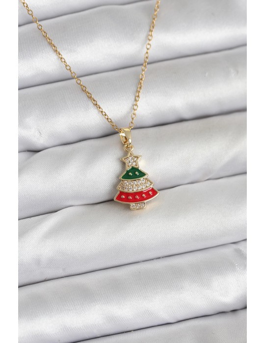 316L Çelik Zincir Gold Ren Çam Ağacı Model Zirkon Taşlı Yılbaşı Temalı Kadın Kolye - TJ-BKO10710