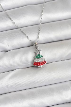 316L Çelik Zincir Gümüş Ren Çam Ağacı Model Zirkon Taşlı Yılbaşı Temalı Kadın Kolye - TJ-BKO10711