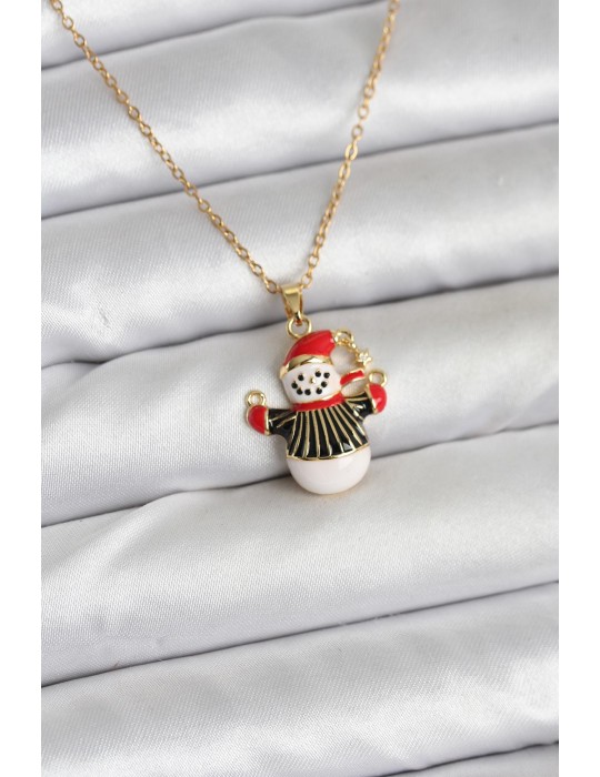 316L Çelik Zincir Gold Renk Kardan Adam Figürlü Yılbaşı Temalı Kadın Kolye - TJ-BKO10712