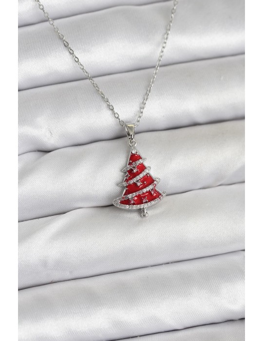316L Çelik Zincir Gümüş Renk Kırmızı Çam Ağacı Model Yılbaşı Temalı Kadın Kolye - TJ-BKO10715