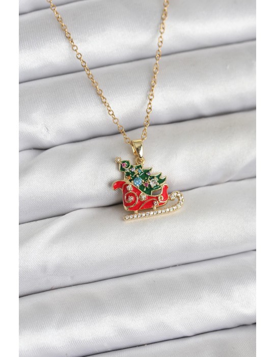 316L Çelik Zincir Gold Renk Kızak ve Çam Ağacı Figürlü Yılbaşı Temalı Kadın Kolye - TJ-BKO10716