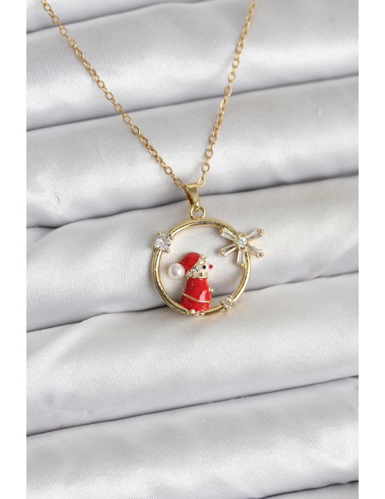 316L Çelik Zincir Gold Zirkon Taşlı Yılbaşı Tema Kadın Kolye - TJ-BKO10718