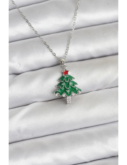 316L Çelik Zincir Gümüş Renk Çam Ağacı Model Yılbaşı Temalı Kadın Kolye - TJ-BKO10721
