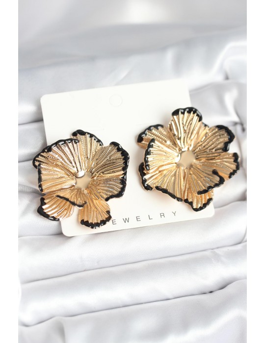 Pirinç Gold Renk Siyah Mine Detaylı Lotus Kadın Küpe - TJ-BKP11368