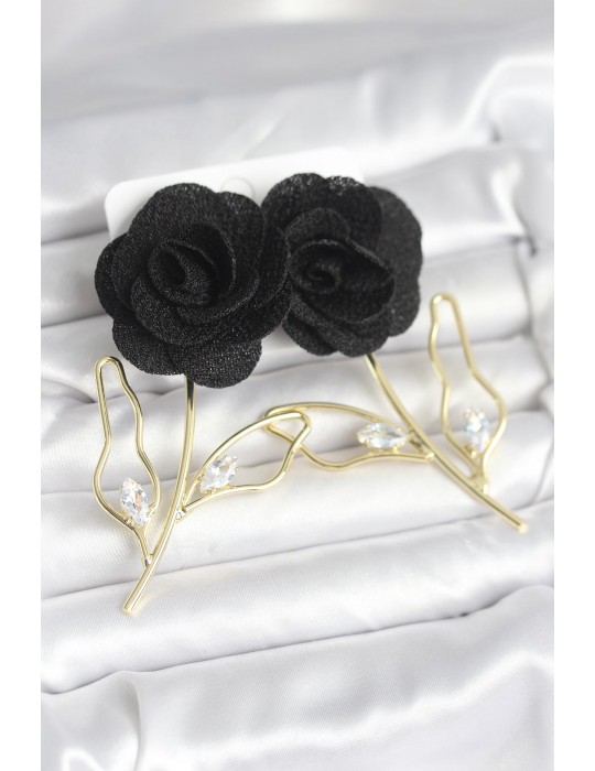 Pirinç Gold Renk Siyah Gül Model Kadın Küpe - TJ-BKP11369