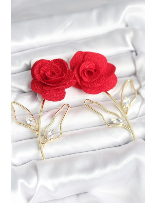 Pirinç Gold Renk Kırmızı Gül Model Kadın Küpe - TJ-BKP11370