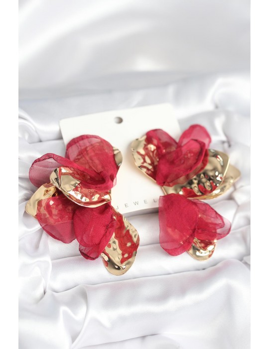 Pirinç Gold Renk Bordo Tüllü Lotus Kadın Küpe - TJ-BKP11372