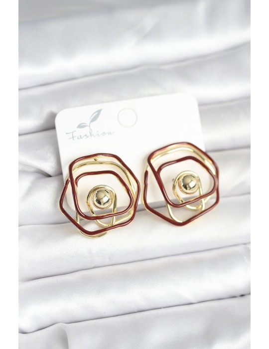 Pirinç Gold Renk Bordo Mineli Geometrik Gül Model Kadın Küpe - TJ-BKP11374