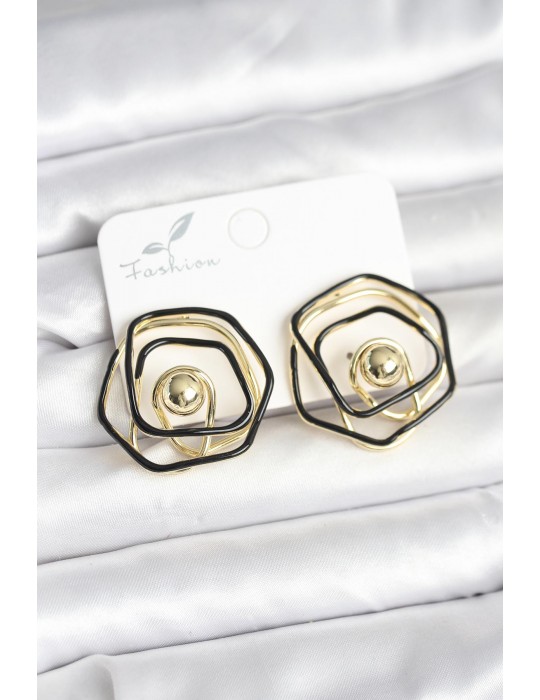 Pirinç Gold Renk Siyah Mineli Geometrik Gül Model Kadın Küpe - TJ-BKP11376