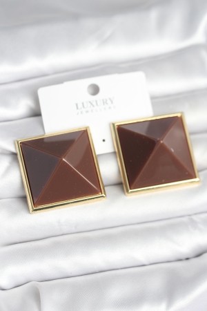 Pirinç Gold Renk Kahverengi Piramit Model Kadın Küpe - TJ-BKP11383