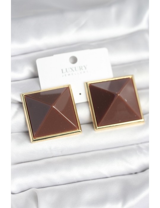 Pirinç Gold Renk Kahverengi Piramit Model Kadın Küpe - TJ-BKP11383
