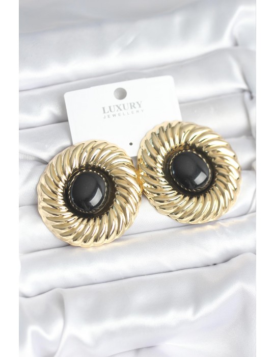 Pirinç Gold Renk Siyah Boncuklu Vintage Kadın Küpe - TJ-BKP11388