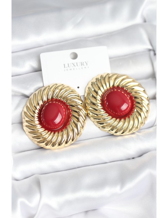 Pirinç Gold Renk Bordo Boncuklu Vintage Kadın Küpe - TJ-BKP11389