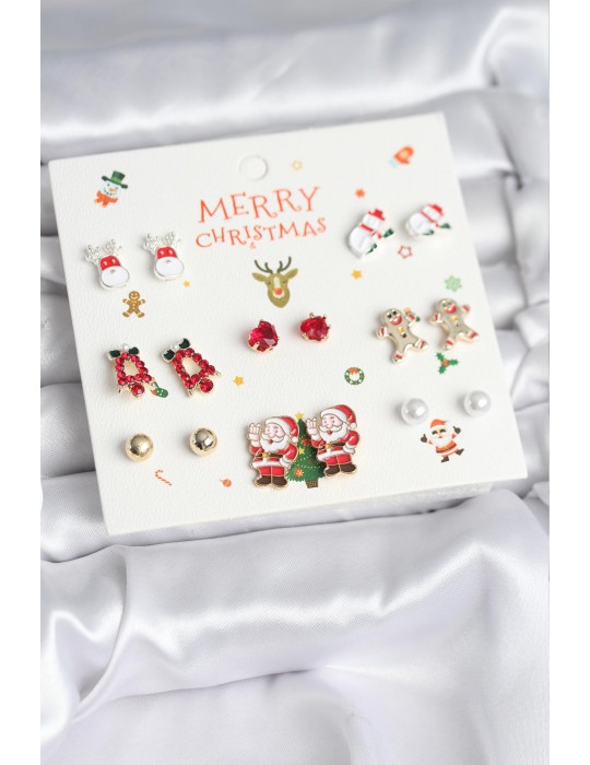 Yılbaşı Temalı Karışık Model 8 Çift Yılbaşı Temalı Kadın Küpe Seti - TJ-BKP11399